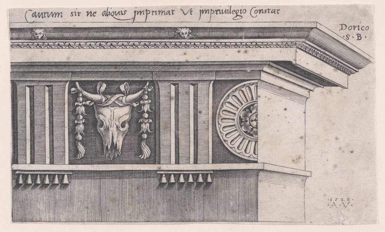 Dorisches Gebälk, datiert 1528 von Agostino Veneziano