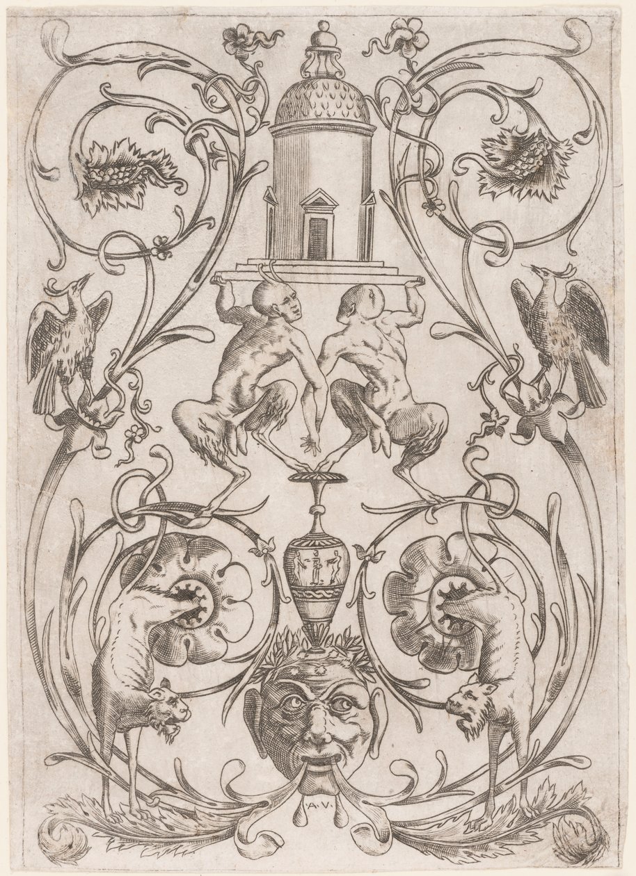 Groteskes Ornament mit Satyrn, aus einem Satz von zwanzig Ornamenttafeln von Agostino Veneziano