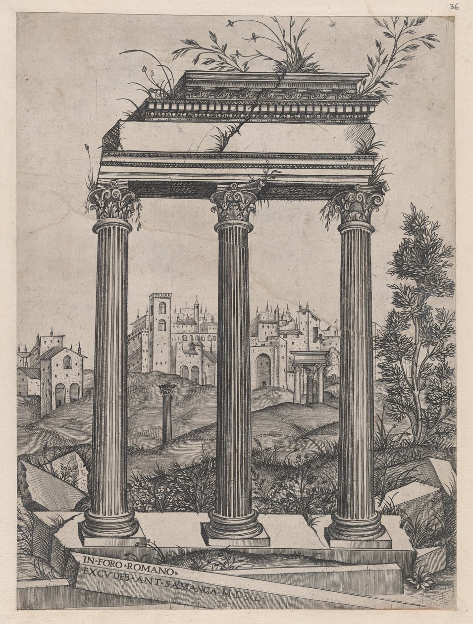 Speculum Romanae Magnificentiae: Tempel des Antoninus und Faustina, 16. Jahrhundert von Agostino Veneziano.