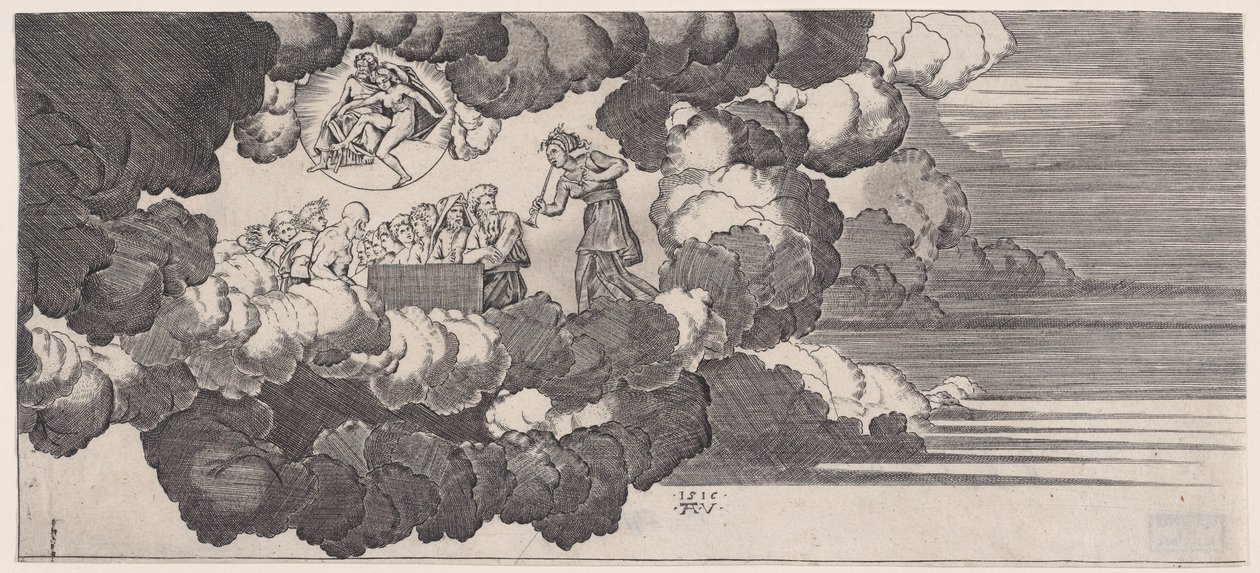 Die Nachricht wird nach Olympus gebracht, datiert 1516 von Agostino Veneziano