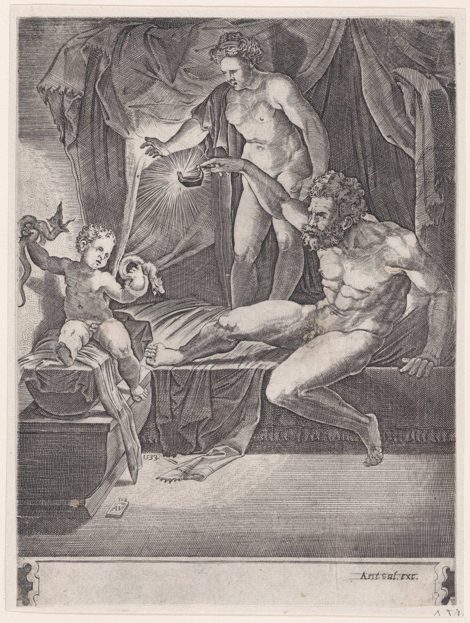 Der junge Herkules in seiner Wiege, datiert 1533 von Agostino Veneziano