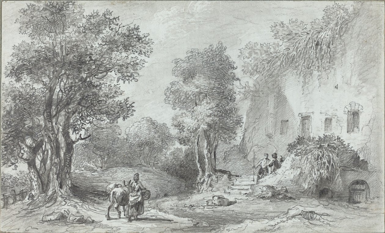 Landschaft mit Bauern vor einem Gasthaus von Aignan Thomas Desfriches