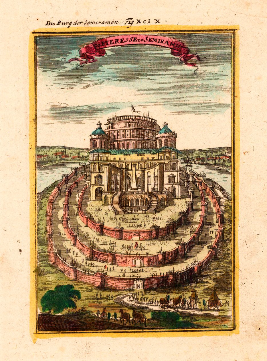 Die Festung und die hängenden Gärten der legendären Königin Semiramis in Babylon von Alain Manesson Mallet