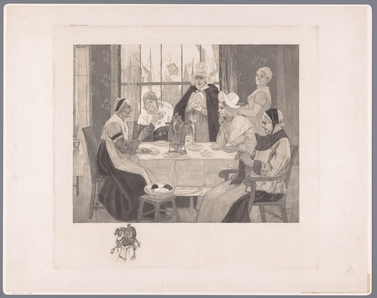 Gesellschaft von Frauen in Tracht am Tisch von Albert Bertrand (attributed to)