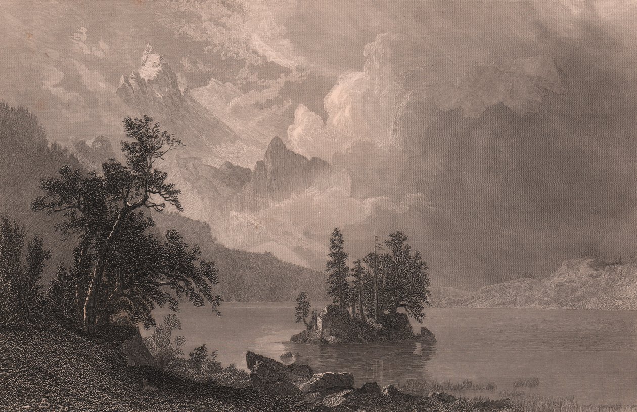 Ansicht des Lake Esther, Sierra Nevada, Kalifornien, Vereinigte Staaten, Stahlstich von Robert Hinshelwood nach einem Gemälde von Albert Bierstadt, ca. 19x14 cm von Albert Bierstadt