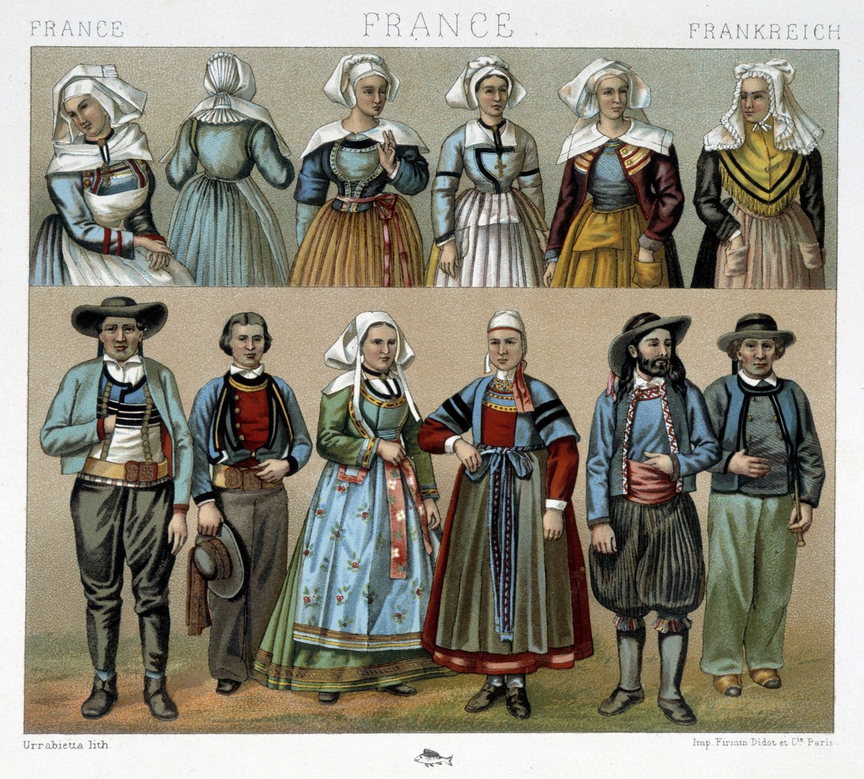 Bretonische Kostüme des 19. Jahrhunderts - in „Le costume ancien et historique“ von Racinet von Albert Charles August Racinet