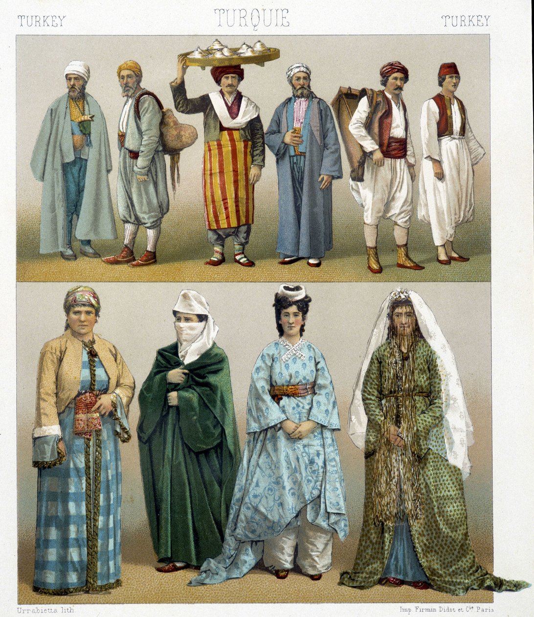 Türkische Kostüme des 19. Jahrhunderts. Illustration in „Le costume historique“ von Racinet von Albert Charles August Racinet