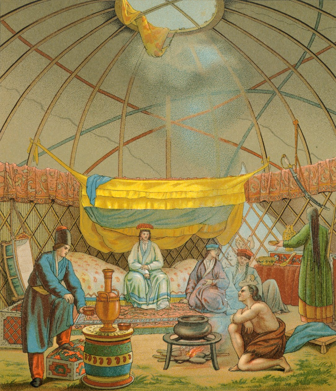 Ein Kalmücke, ein Kalmückenzelt von Albert Charles August Racinet