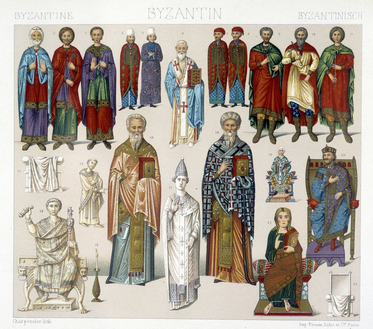 Byzantinische Kostüme. Illustration in „The historical costume“ von Racinet von Albert Charles August Racinet