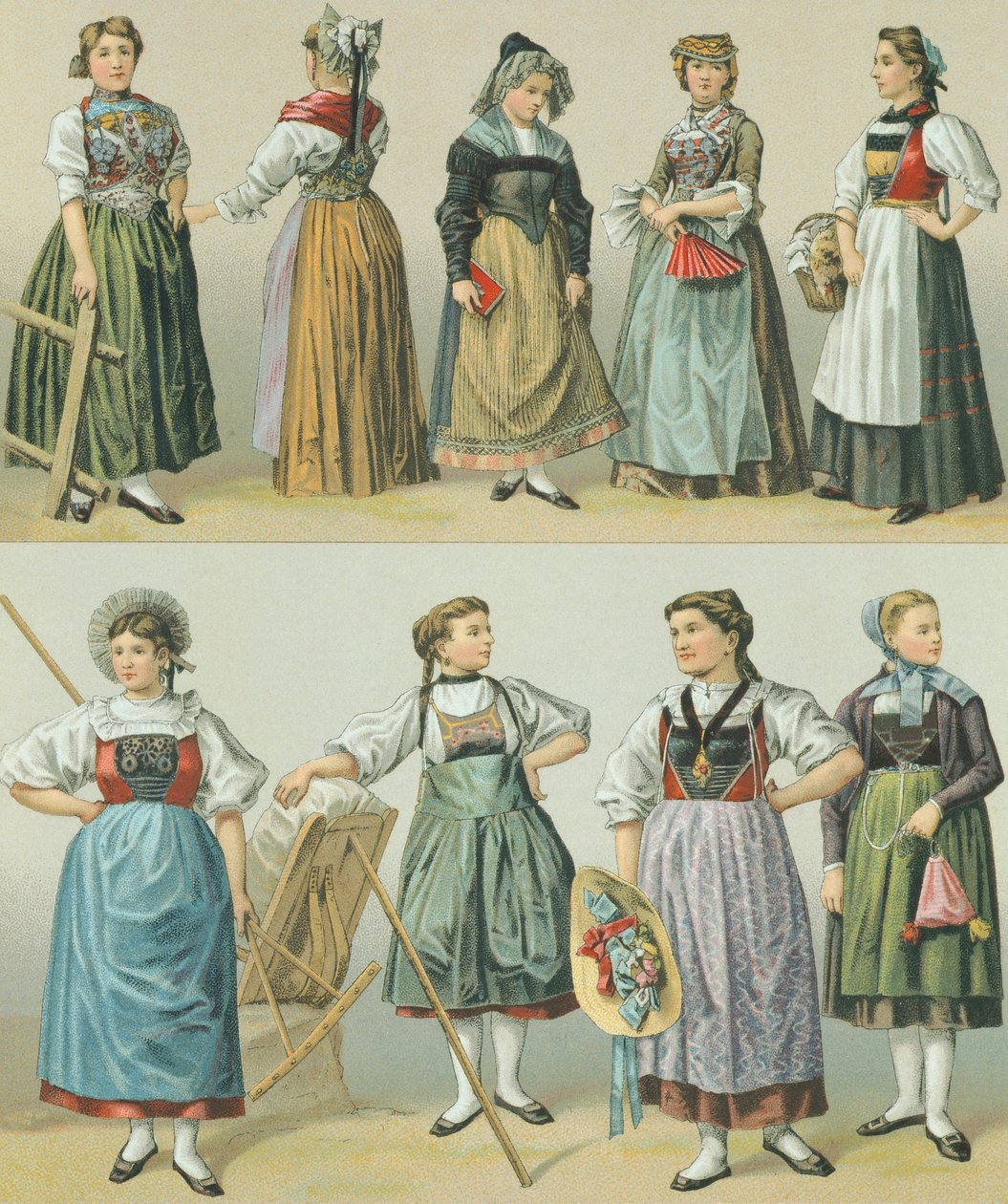 Kostüme der Kantone, Illustration aus Die vollständige Kostümgeschichte von Racinet Auguste von Albert Charles August Racinet