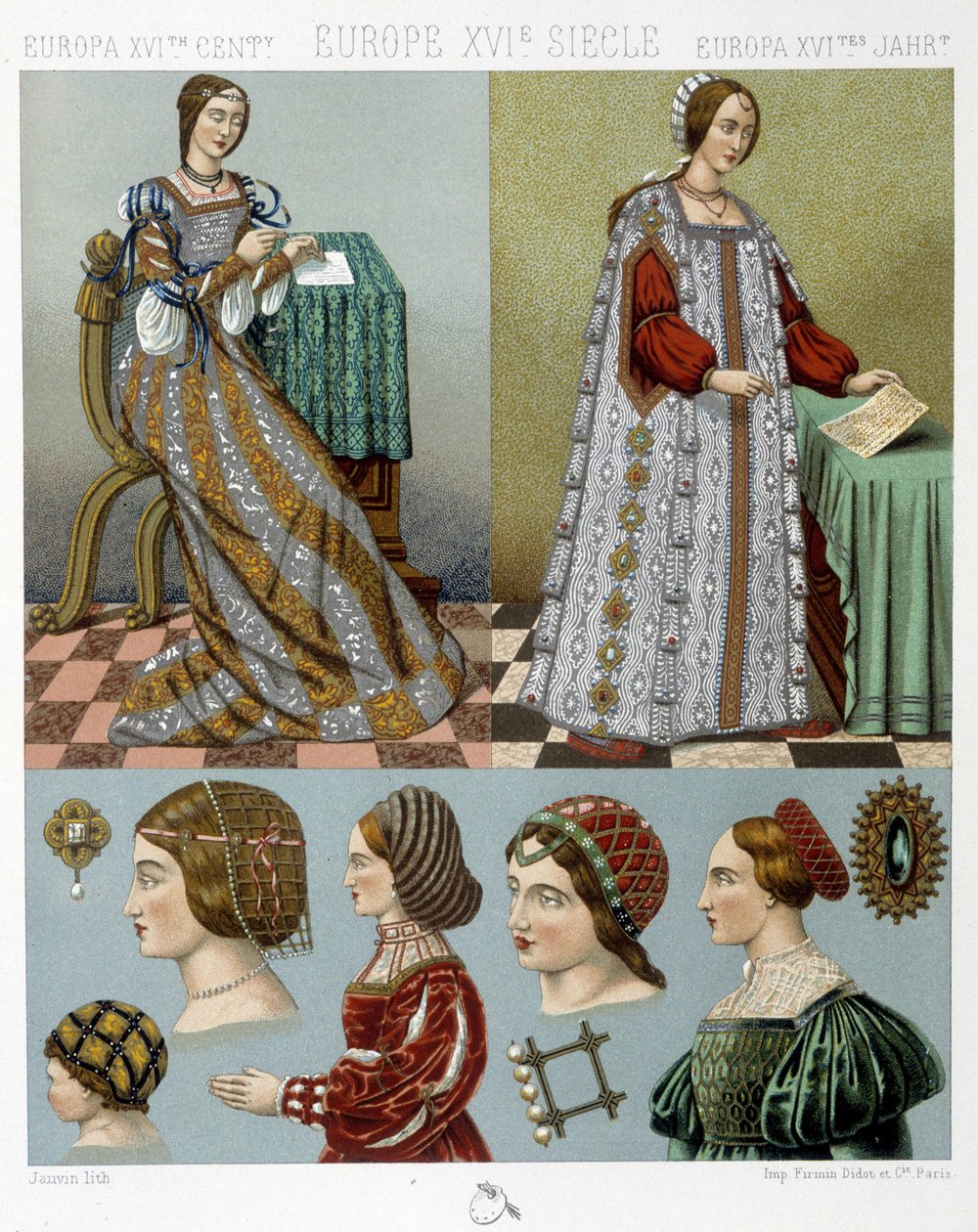 Mode und Frisuren in Europa im 16. Jahrhundert - in „The historical costume“ von Racinet, Ende des 19. Jahrhunderts von Albert Charles August Racinet