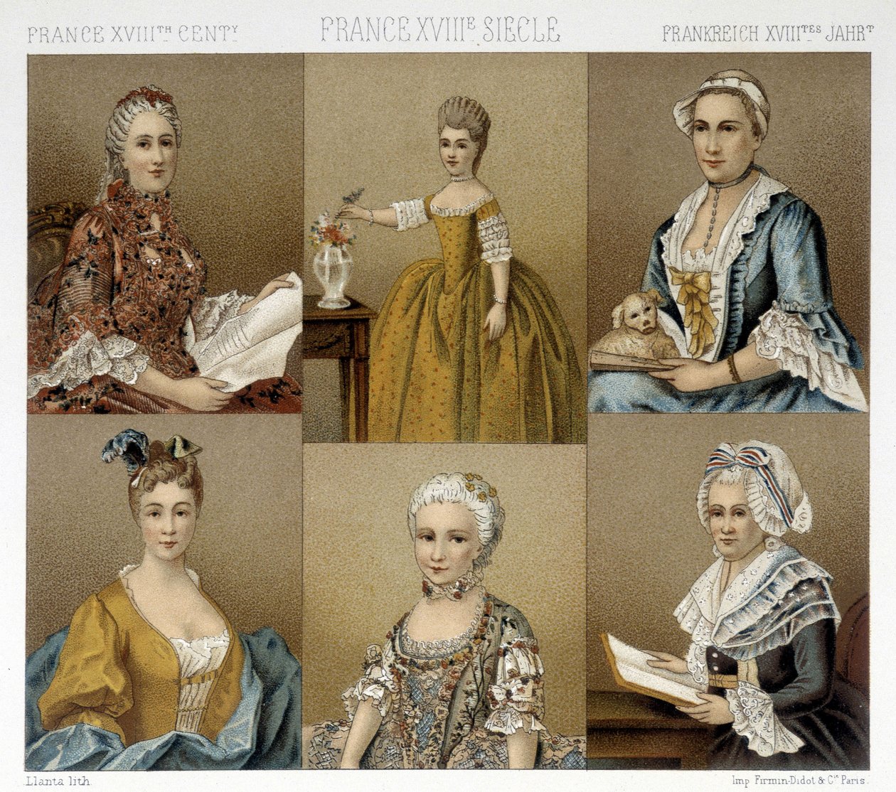 Französische Damenmode im 18. Jahrhundert. Illustration in „Le costume historique“ von Racinet von Albert Charles August Racinet