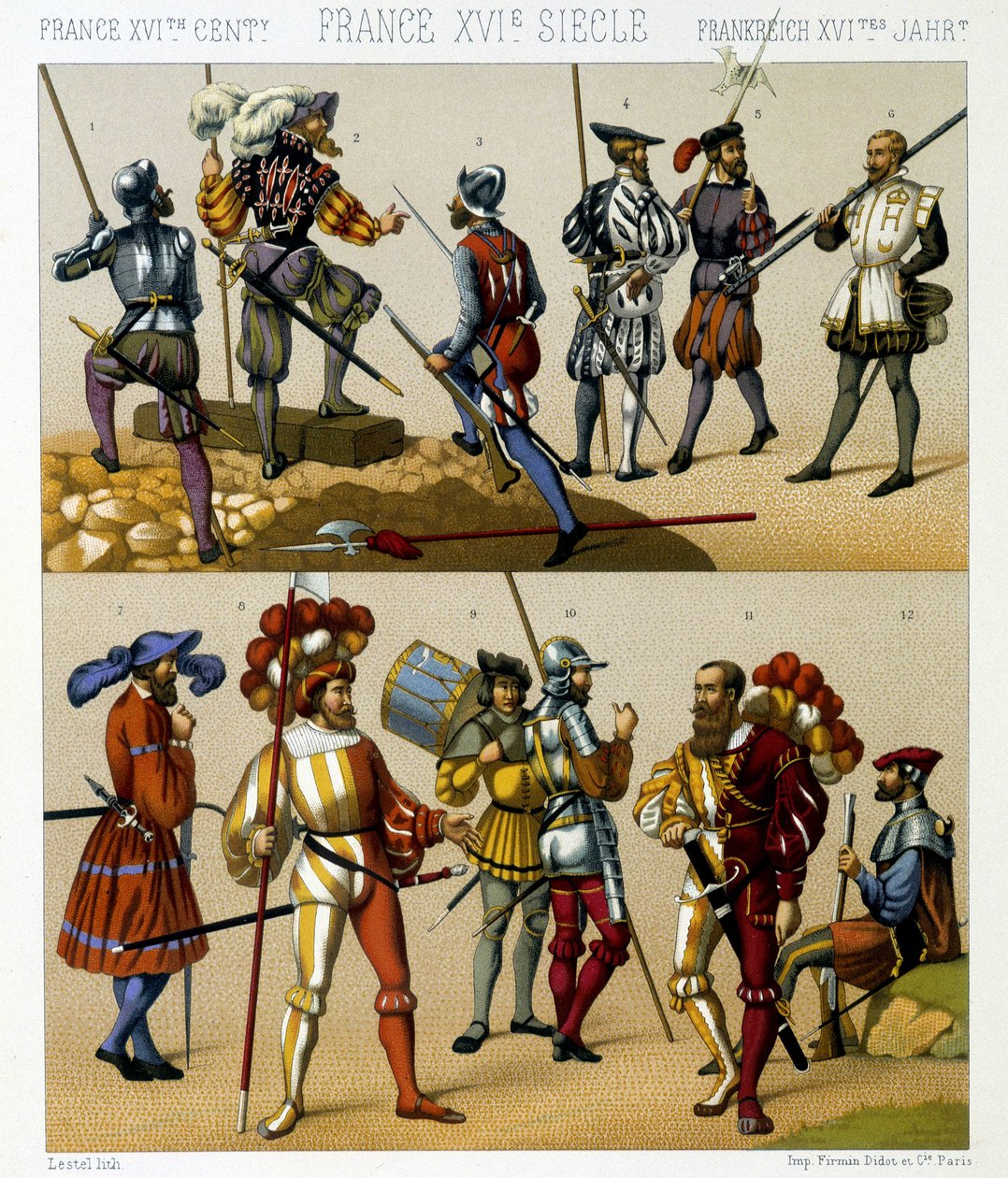 Französische Militärkostüme im 16. Jahrhundert. Chromolithographische Platte - in „Le costume historique“ von Racinet von Albert Charles August Racinet