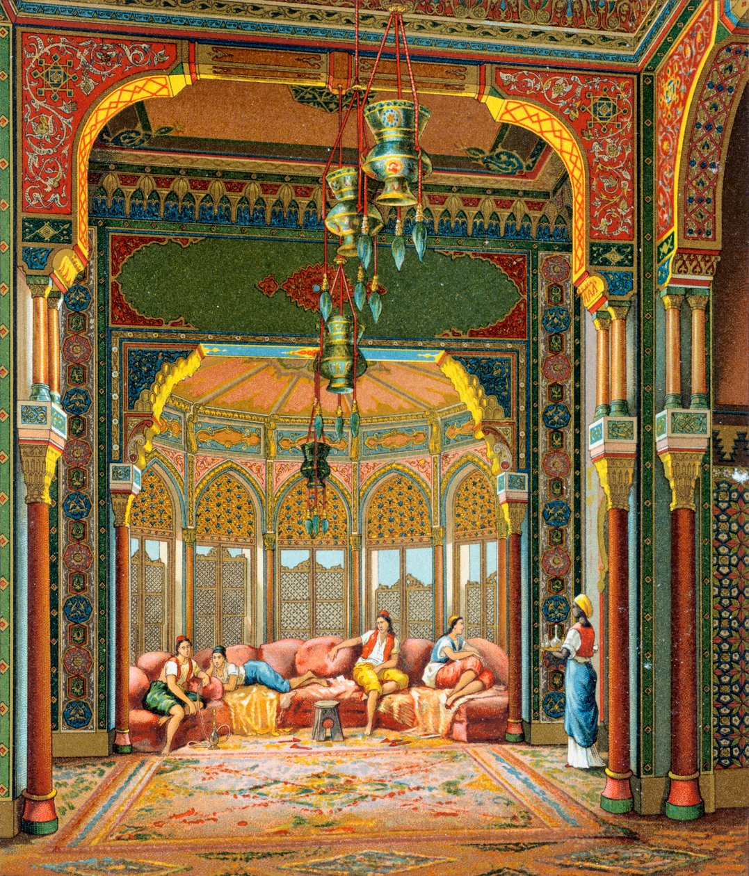 Innenraum eines türkischen Gebäudes, Illustration aus Die vollständige Kostümgeschichte von Auguste Racinet von Albert Charles August Racinet