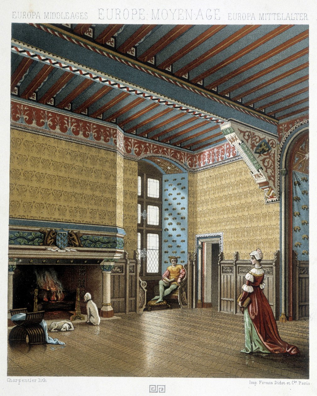 Innenraum eines herrschaftlichen Wohnsitzes im Mittelalter - in „The historical costume“ von Racinet von Albert Charles August Racinet