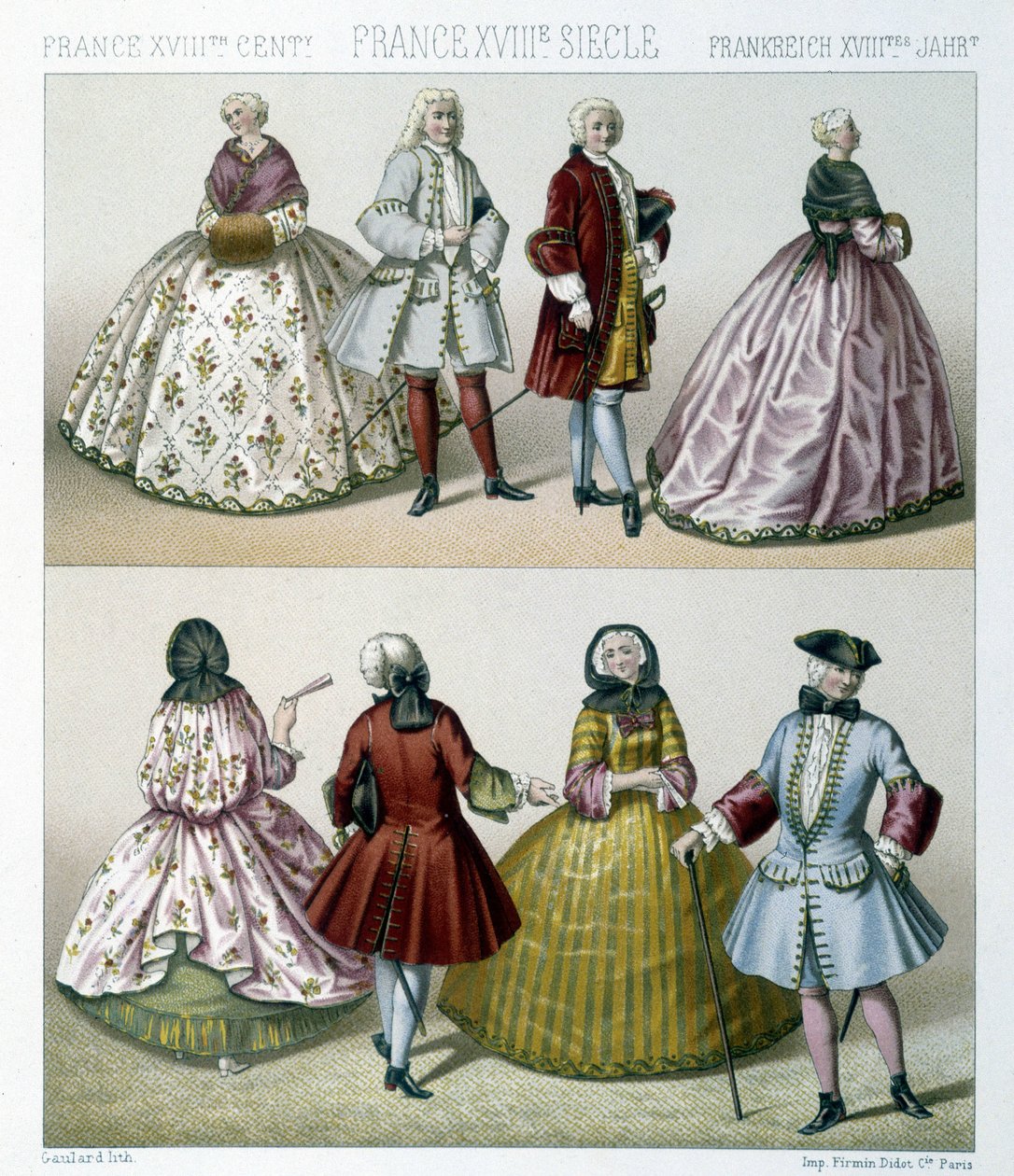Männer und Frauen in modischen Kostümen des 18. Jahrhunderts in Frankreich. Illustration in „Le costume historique“ von Racinet von Albert Charles August Racinet