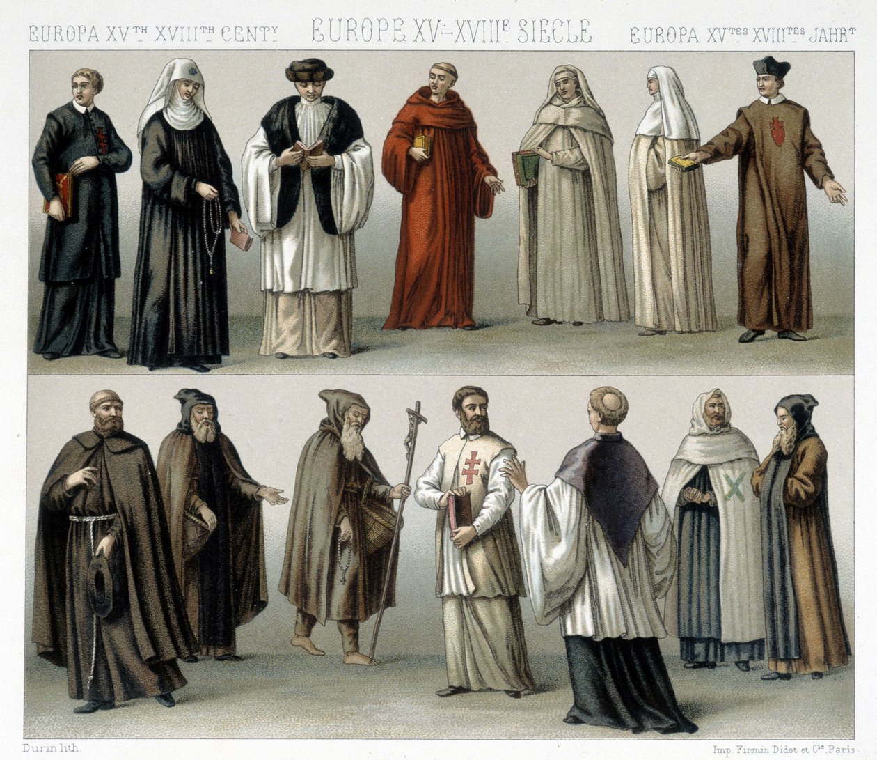 Mönchskostüme in Europa vom 15. bis zum 18. Jahrhundert. Illustration in „Le costume historique“ von Racinet von Albert Charles August Racinet