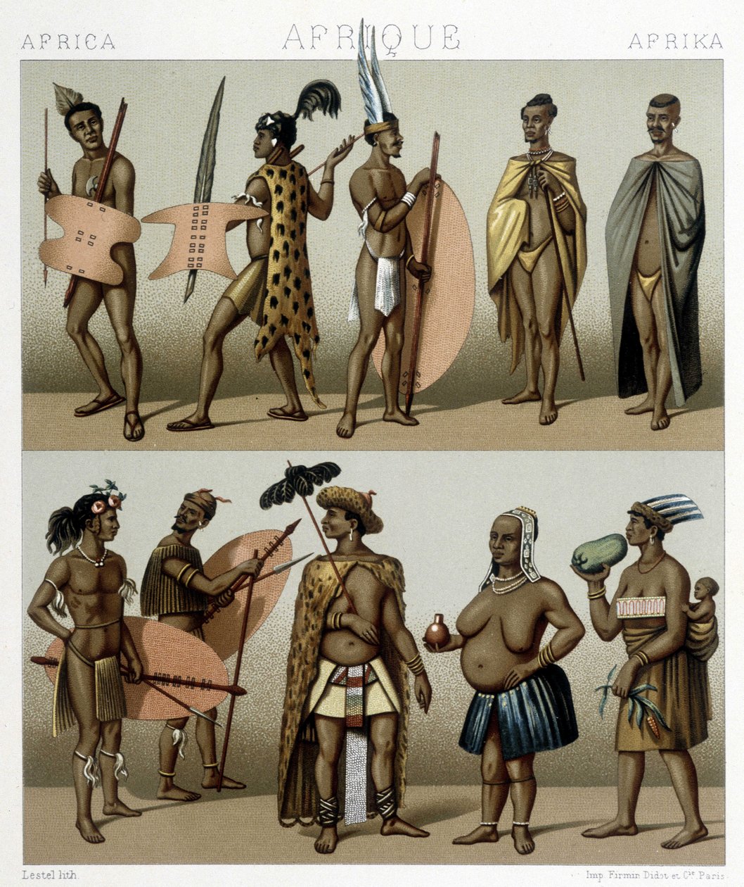 Traditionelles Cafrerie-Kostüm (südlicher Teil Afrikas). Illustration in „Le costume historique“ von Racinet von Albert Charles August Racinet