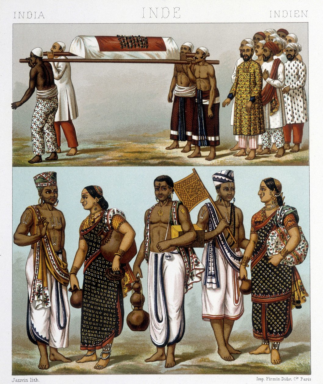 Traditionelle Kostüme von Muslimen (oben im Bild) und Hindus (unten) in Indien. Illustration in „Le costume historique“ von Racinet von Albert Charles August Racinet
