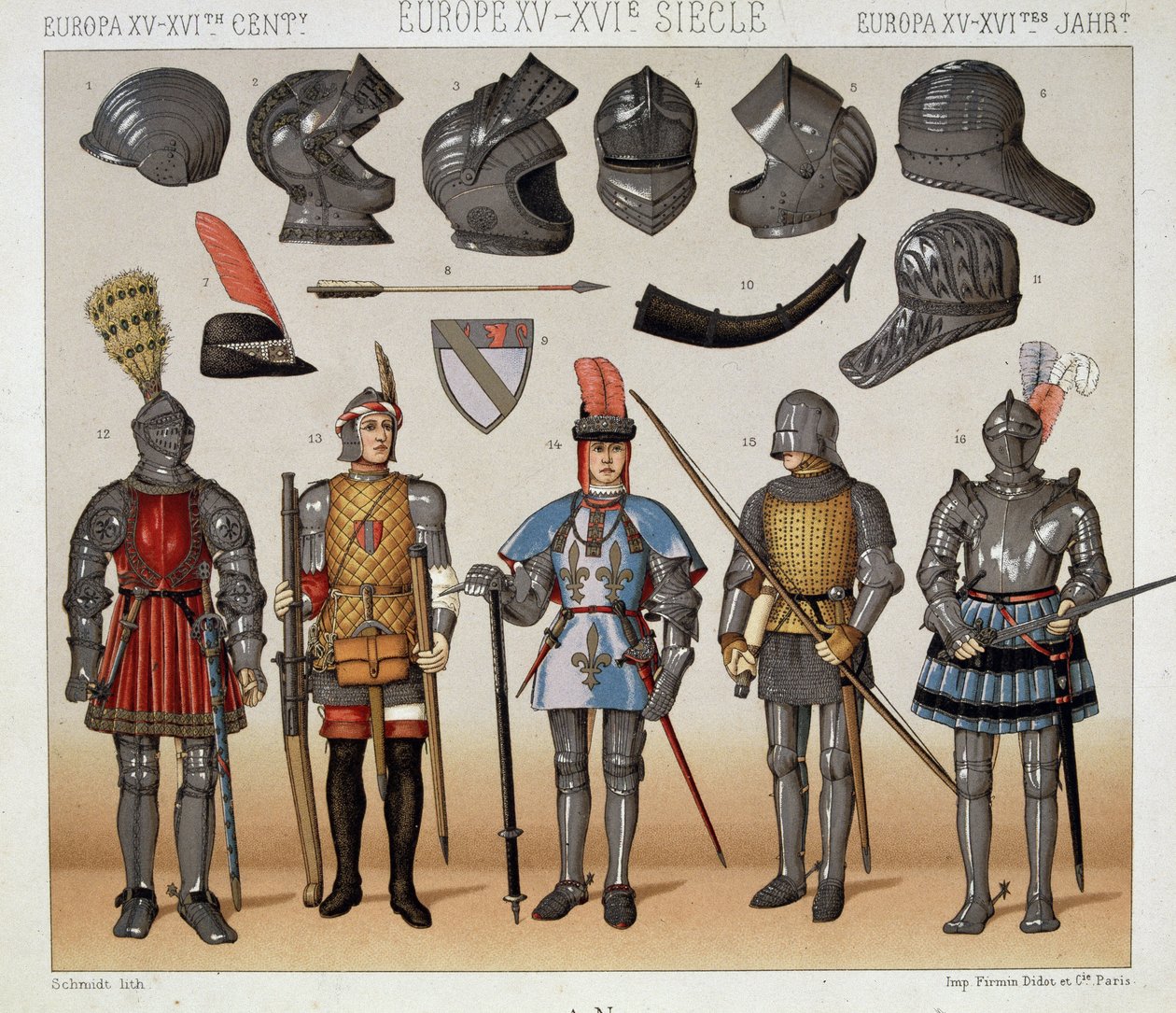 Krieger im 15.-17. Jahrhundert - in „Le costume historique“ von Racinet von Albert Charles August Racinet