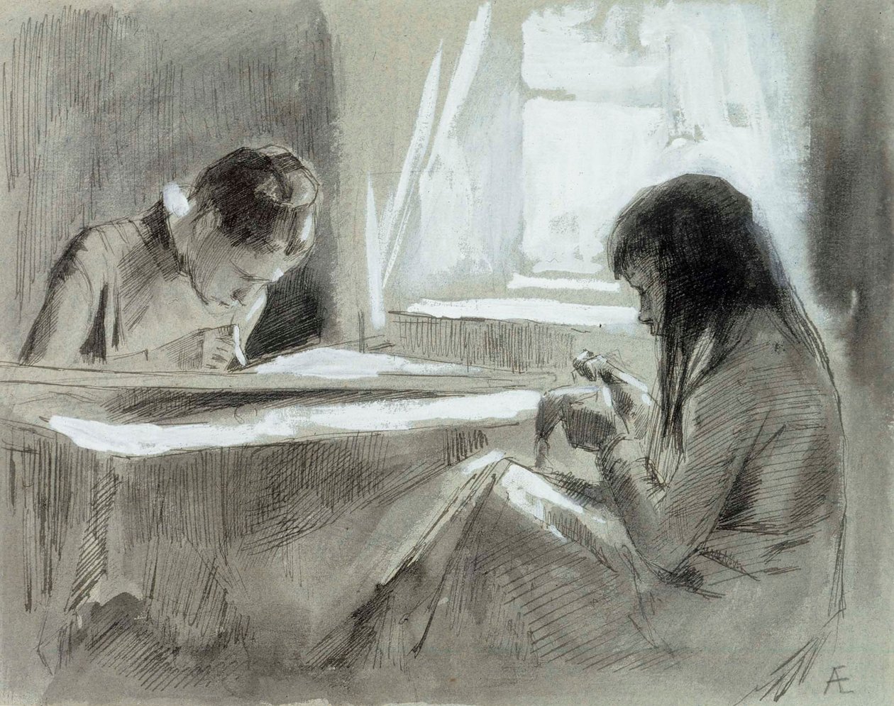 Mädchen beim Nähen am Fenster von Albert Edelfelt