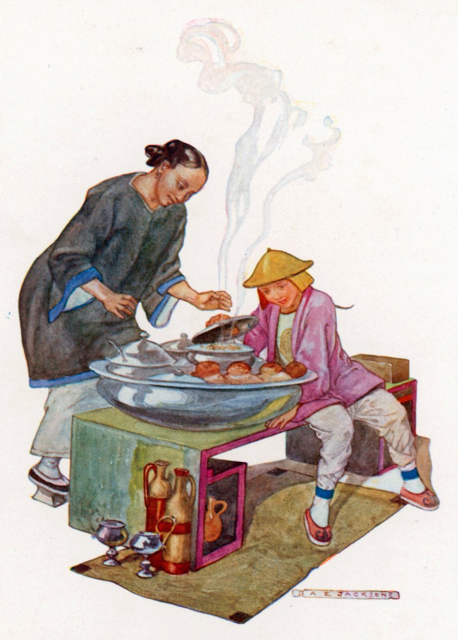 Aladdins Mutter war erstaunt, das große Becken, die Gerichte, die Brote, die Flaschen zu sehen von Albert Edward Jackson
