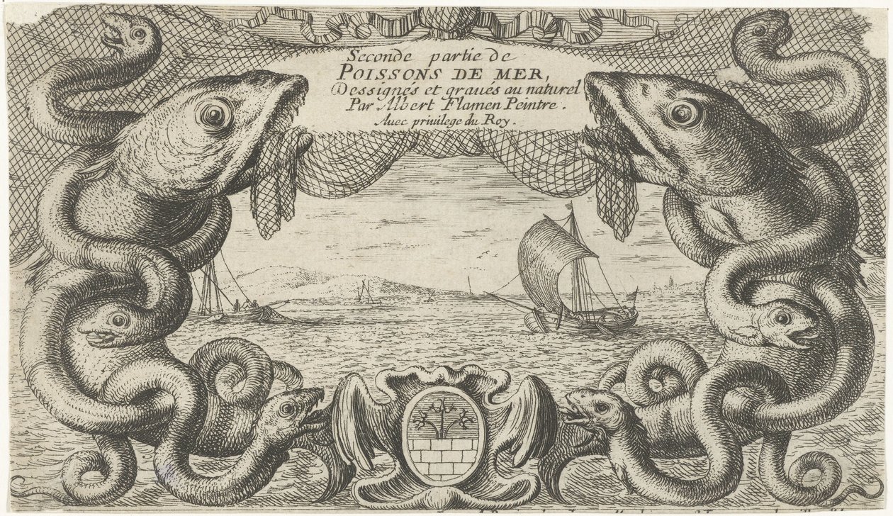 Meereslandschaft mit Rand aus Meerestieren und einem Fischernetz von Albert Flamen