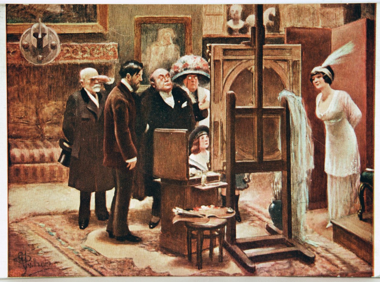 Kunst. Schöne Künste. Maler zeigt sein Werk. Postkarte von Alfred Guillaume, Frankreich, ca. 1920 von Albert Guillaume