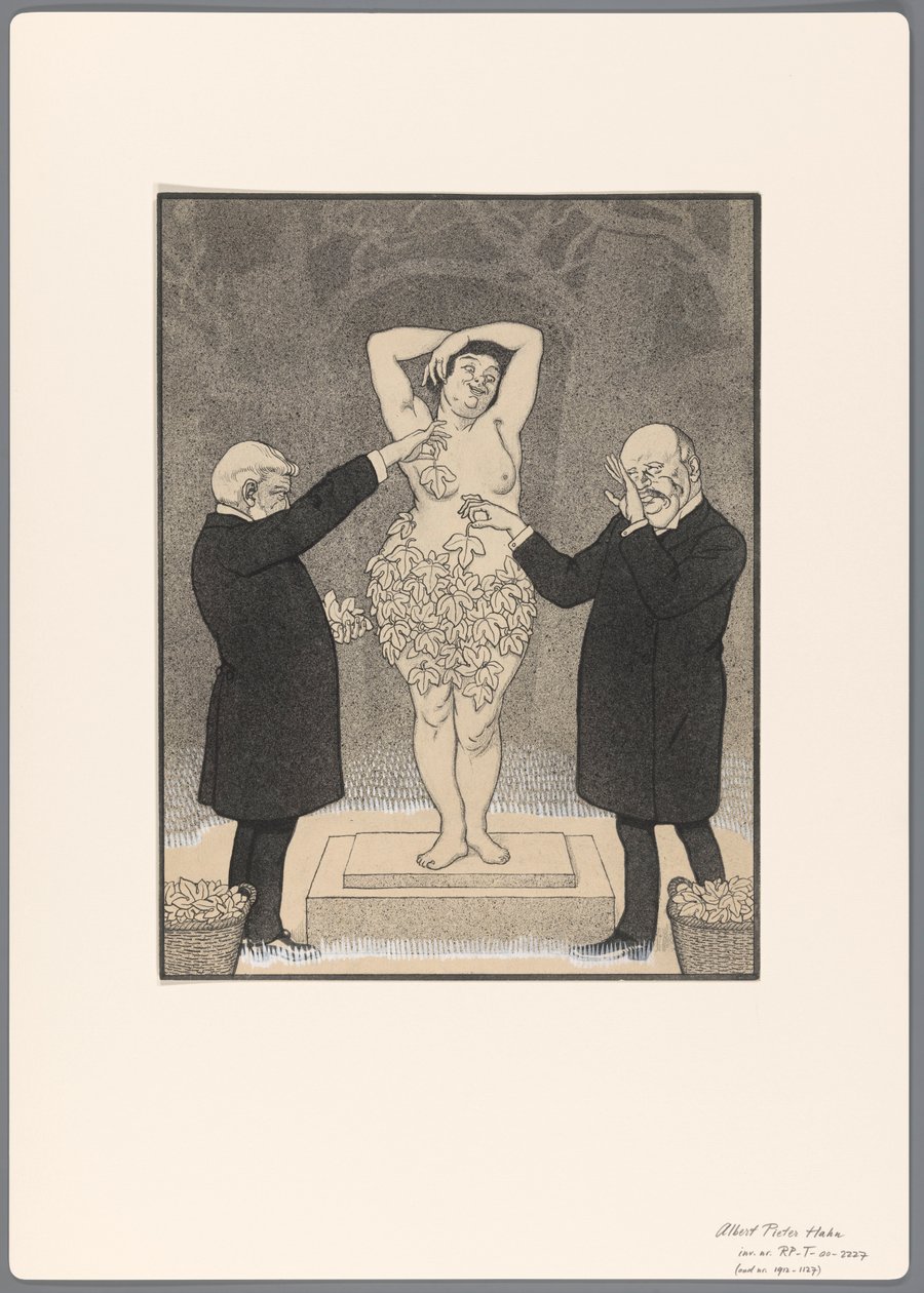 Entwurf für eine politische Karikatur: zwei Herren bedecken eine stehende nackte Frau mit Feigenblättern von Albert Hahn (I)