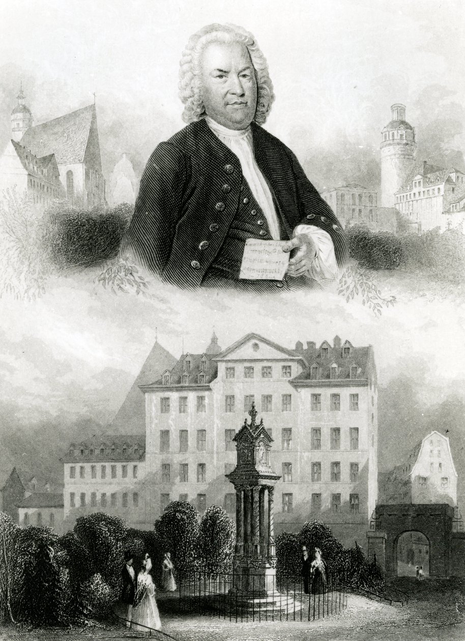 Porträt von Johann Sebastian Bach (1685-1750) und Denkmal von Albert Henry Payne
