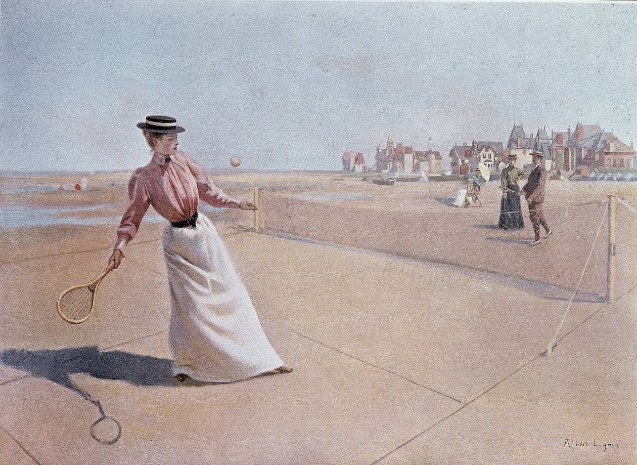 Amateur-Tennismatch am Strand - Zeichnung von Lynch, 20. Jahrhundert von Albert Lynch