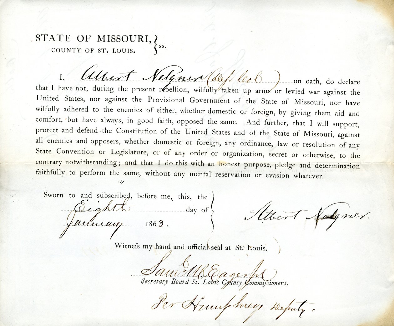 Treueeid von Albert Nelgner aus Missouri, County of St. Louis von Albert Nelgner