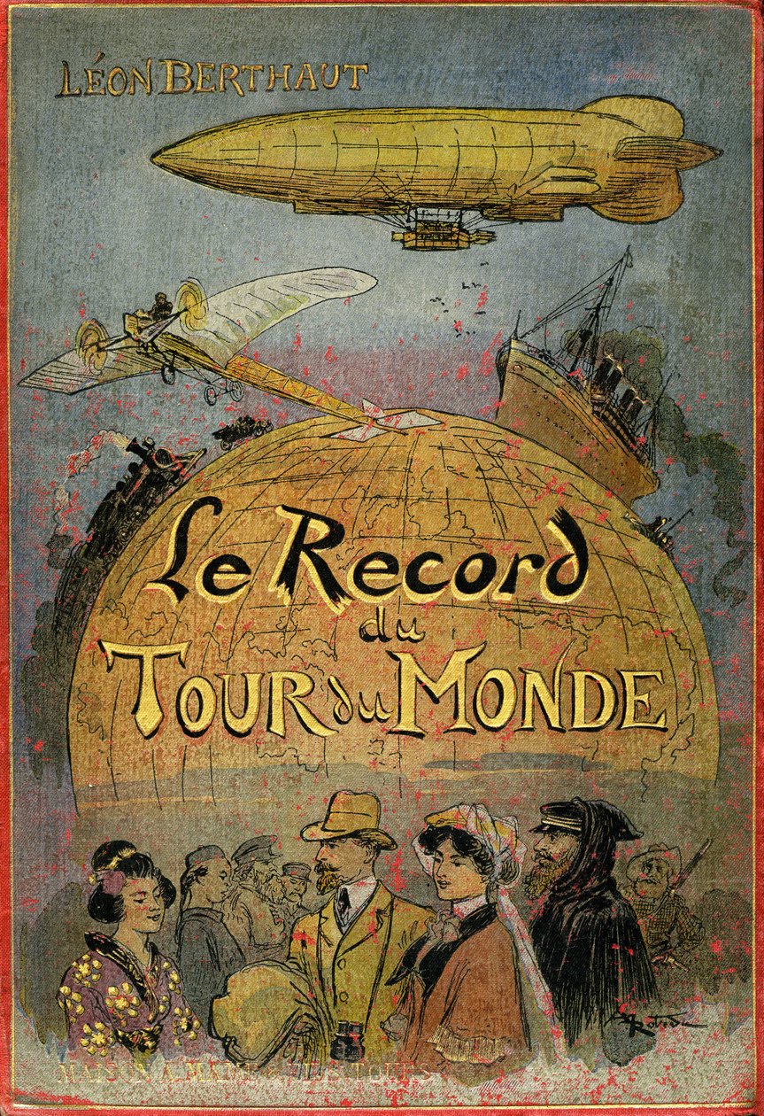 Cover illustriert von Albert Robida (1848-1926) von Leon Berthaults Buch „Le record du tour du monde“, Ausgabe Mame Anfang 20. Jahrhundert (1911) - Dies ist ein „julesvernerie“ Abenteuerroman, stark inspiriert von den Werken von Jules Verne und seinen „Auß von Albert Robida