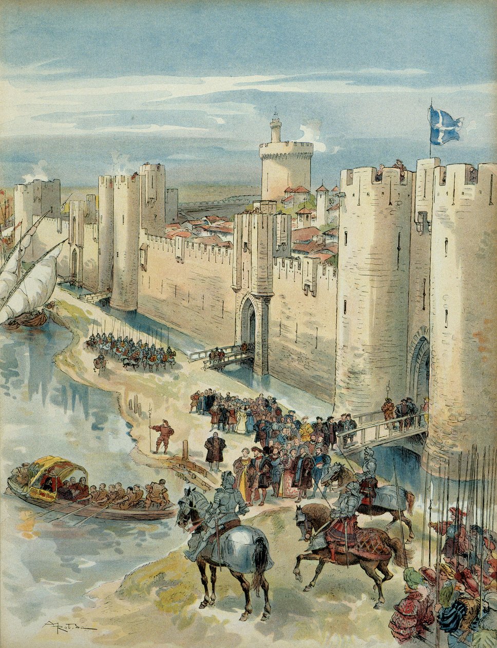 Achter Italienischer Krieg (1536-1538): Treffen von Aigues Mortes (oder Waffenstillstand von Aigues Mortes) am 14. Juli 1538, Treffen zwischen Franz I. (1494-1547), König von Frankreich und Karl V. (1500-1558), König von Spanien und Kaiser des Heiligen Röm von Albert Robida