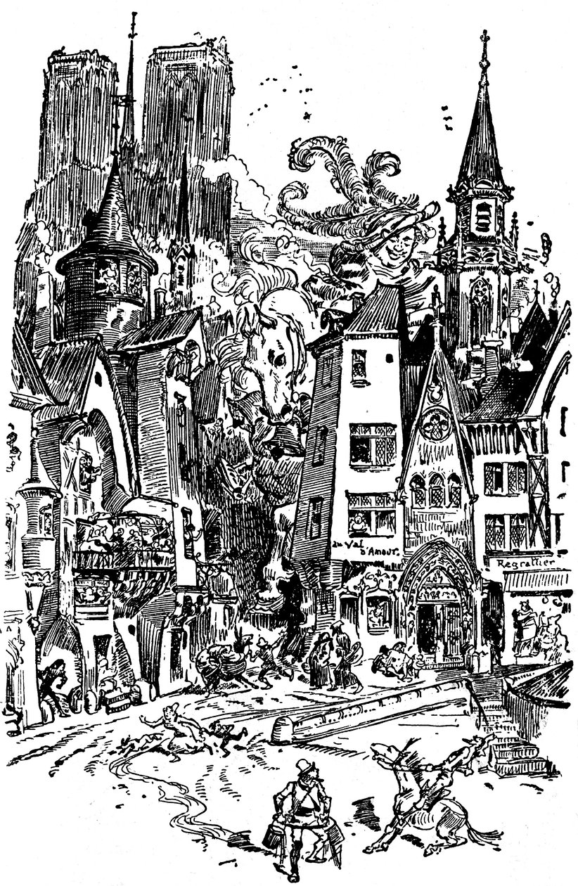 Riese Gargantua geht durch Paris und sät Panik und Zerstörung auf seinem Weg. Er lernt, auf die Kathedrale Notre Dame de Paris zu spucken, deren Türme im Hintergrund zu sehen sind. Mit diesem Spucken werden mehr als 3000 Pariser ertrinken! Illustration von Albert Robida