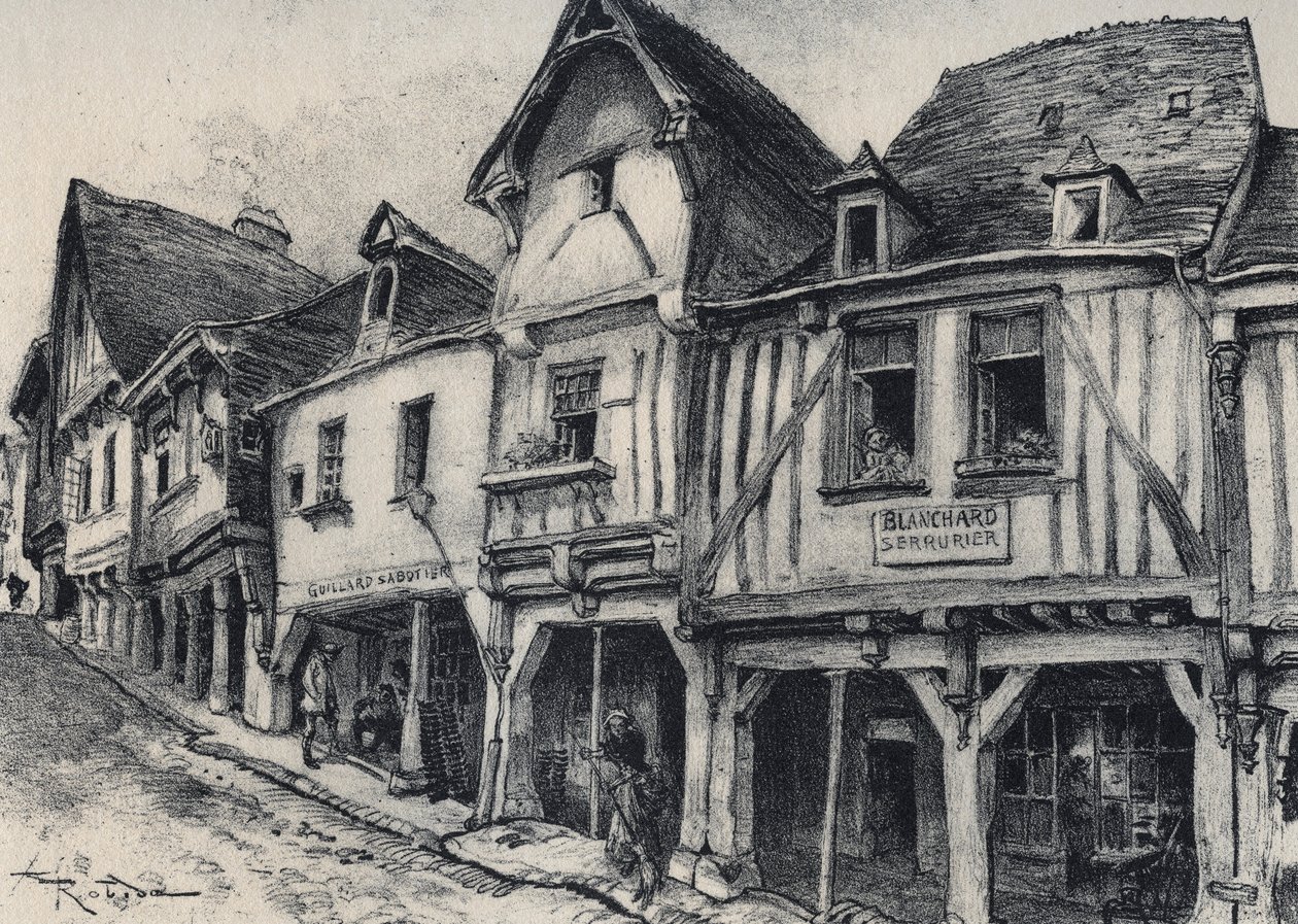 Rue Poterie in Fougeres im Departement Ille-et-Vilaine - La vieille France - La Bretagne - Text, Zeichnungen und Lithographien von Albert Robida (1848-1926) von Albert Robida