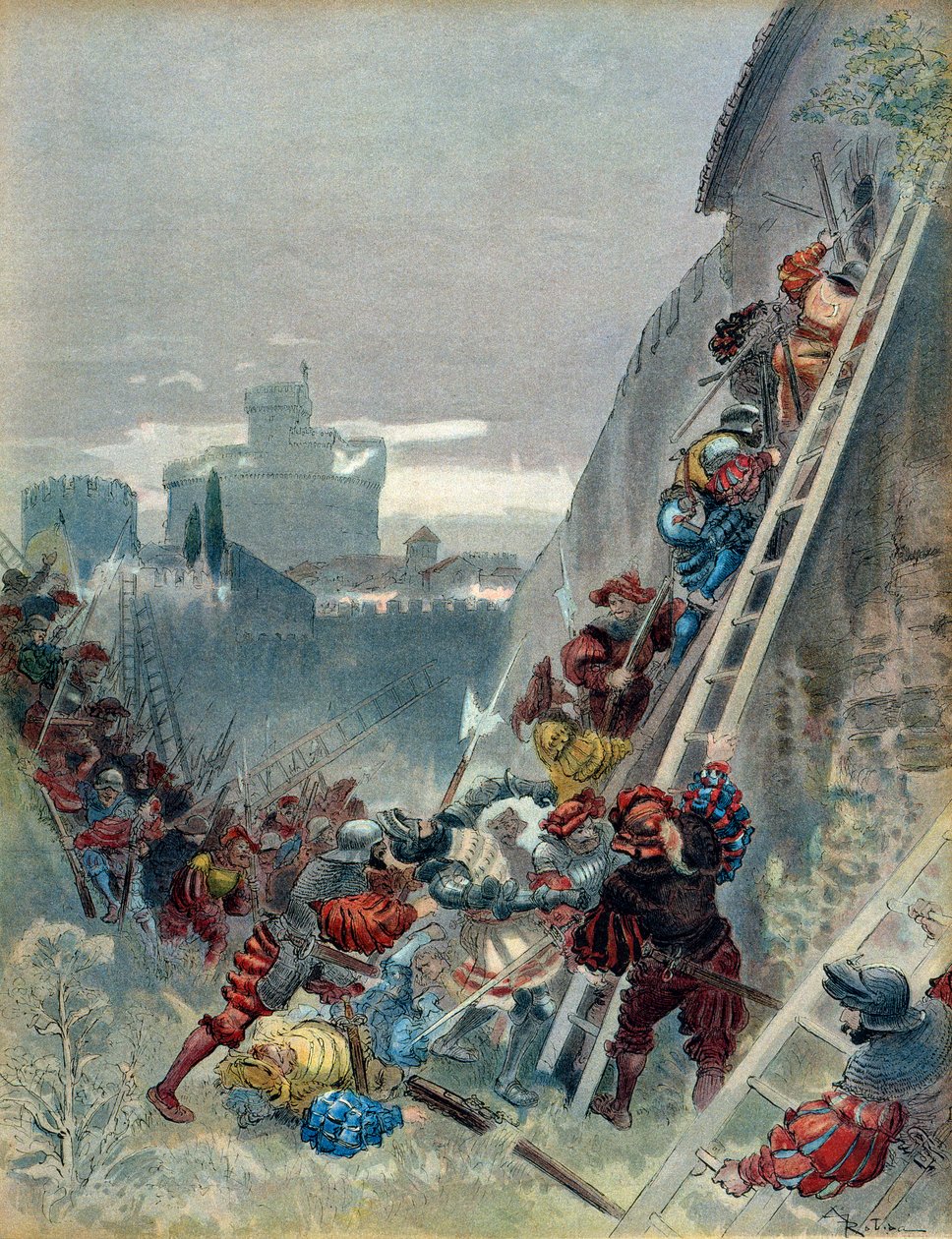 Siebter Italienischer Krieg (1526-1529): Tod von Charles III. von Bourbon (1490-1527) bei der Belagerung von Rom am 6. Mai 1527. Illustration von Albert Robida