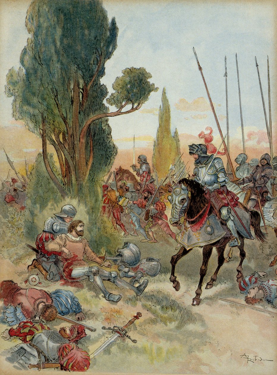Sechster Italienischer Krieg (1521-1526): Tod von Pierre Terrail de Bayard (1476-1524), verwundet durch einen Arkebusenschuss bei Rebec (Italien) im Jahr 1524, Charles de Montpensier, Connétable von Bourbon (1490-1527), stand ihm gegenüber. Illustration von Albert Robida