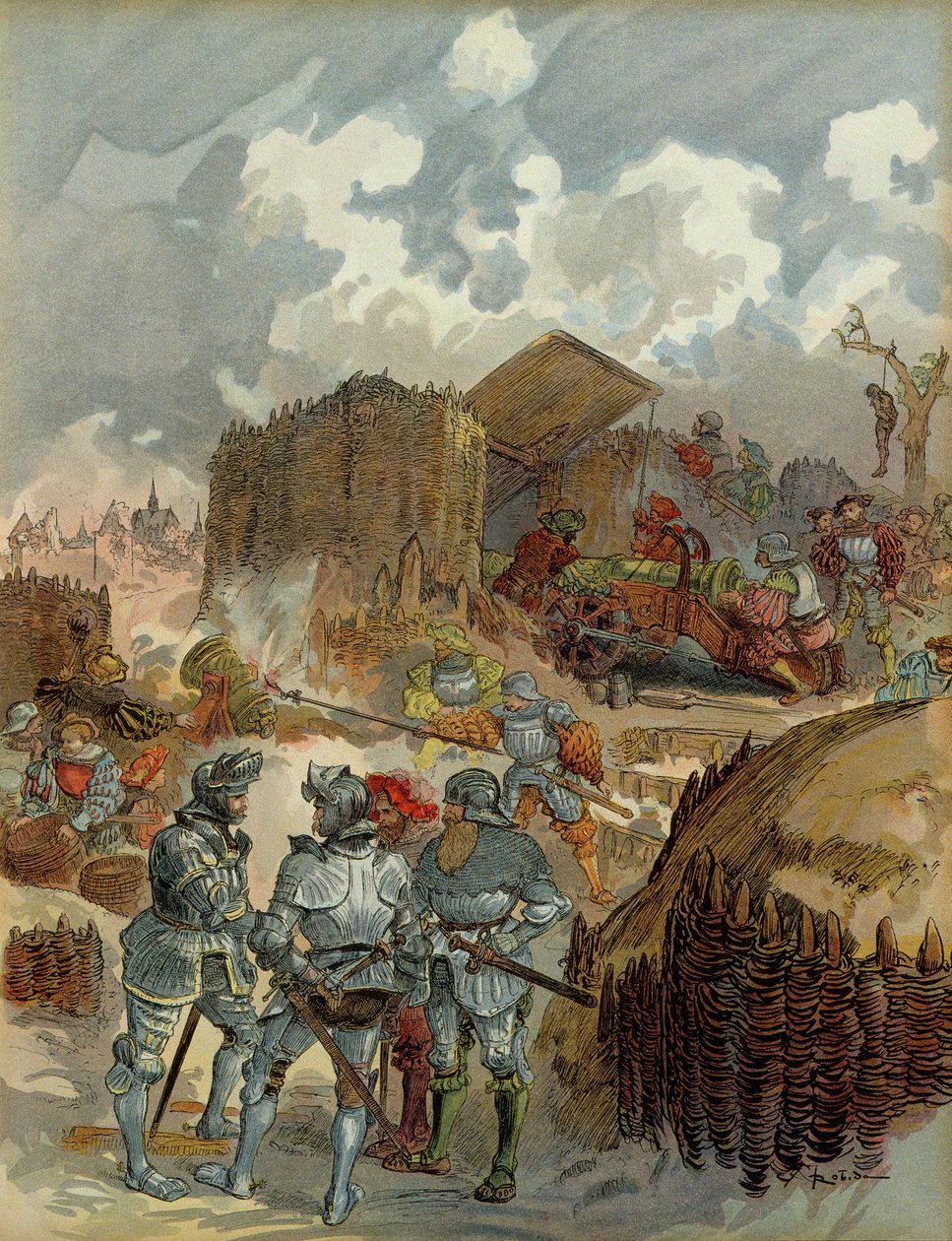 Sechster Italienischer Krieg (1521-1526): Pierre Terrail de Bayard (1476-1524) bei der Belagerung von Mezieres im Jahr 1521. Illustration von Albert Robida