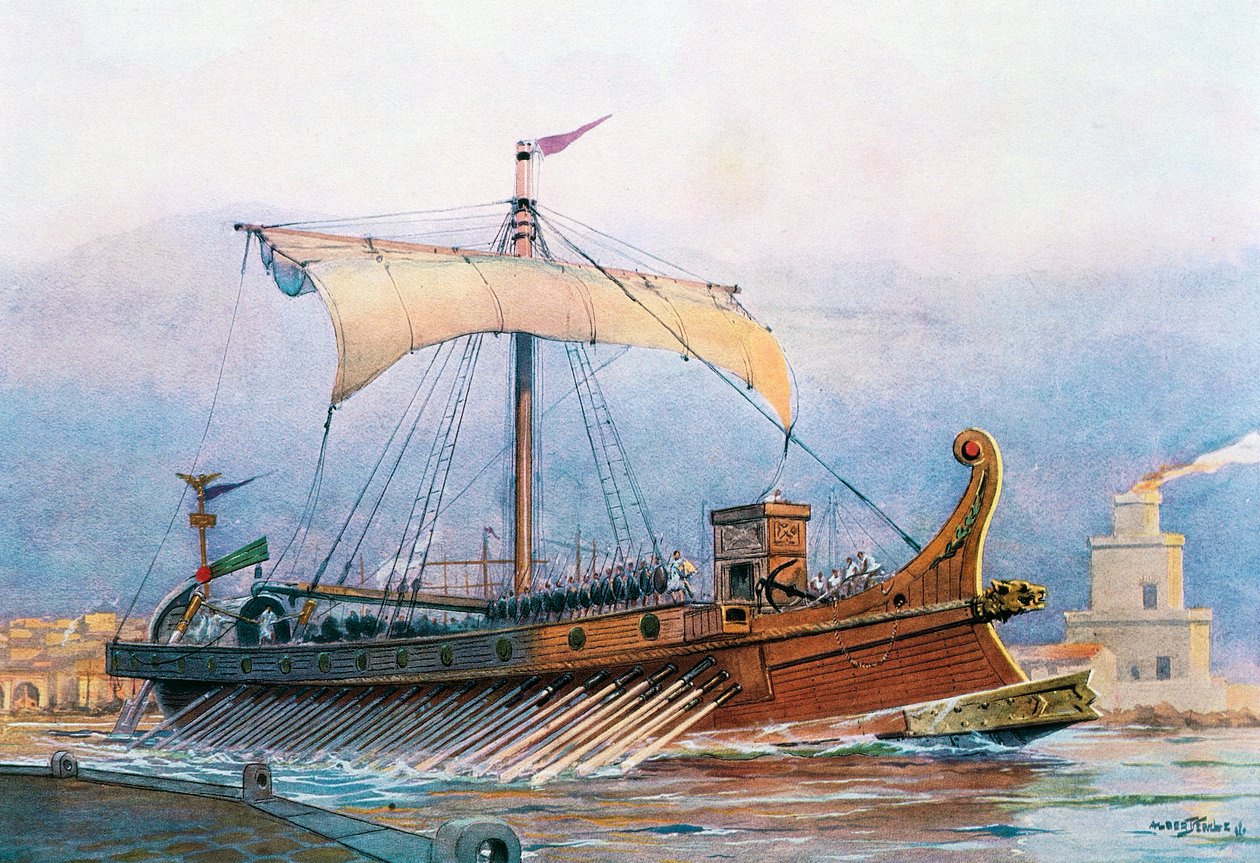 Römisches kaiserliches Schiff verlässt Arsenal, Aquarell von Albert Sebille (1874-1953) von Albert Sébille