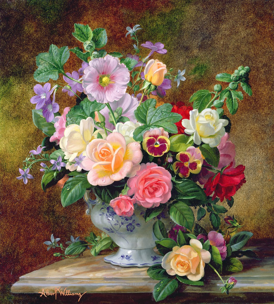 Rosen, Stiefmütterchen und andere Blumen in einer Vase von Albert Williams