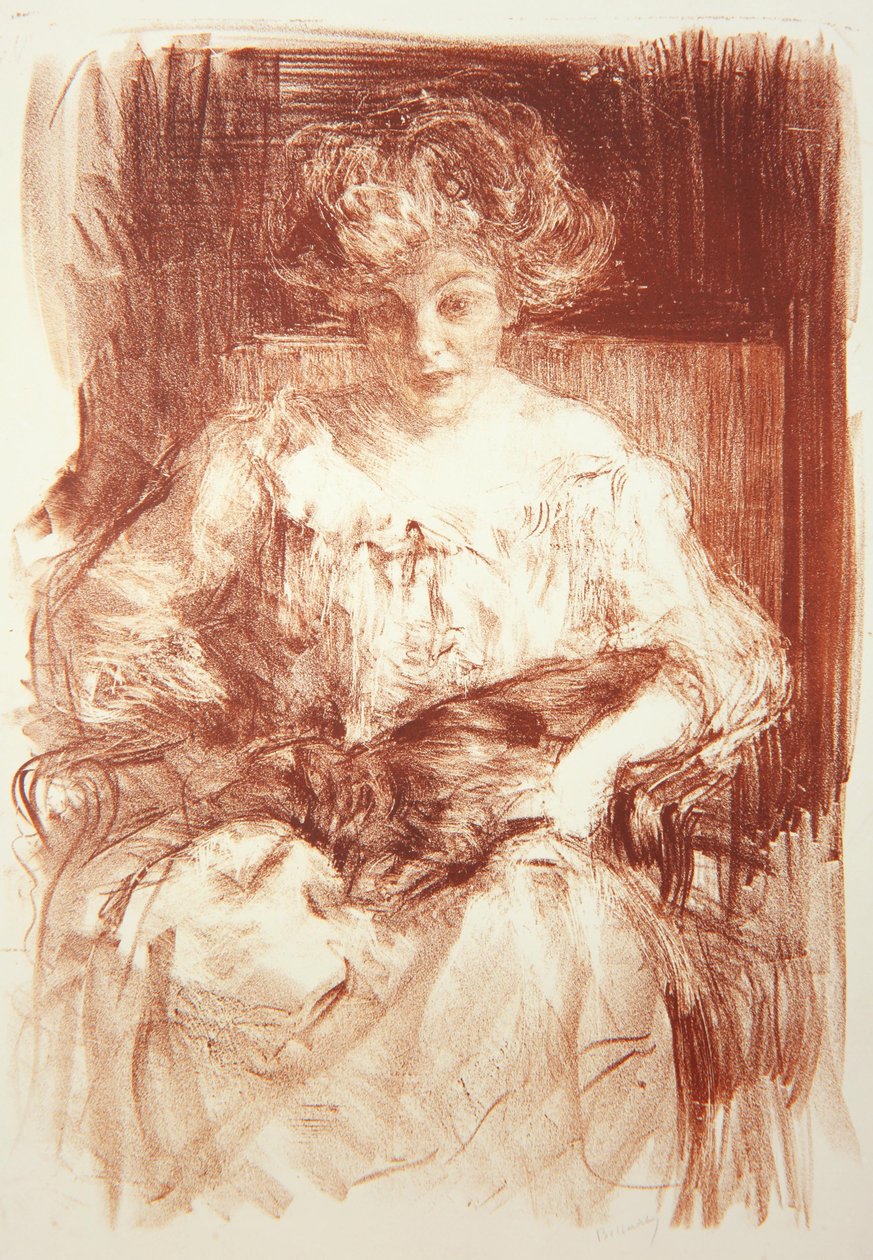Mrs. H. V. Milbank in Ferby Lodge mit Bebear, ca. 1907 von Albert de Belleroche