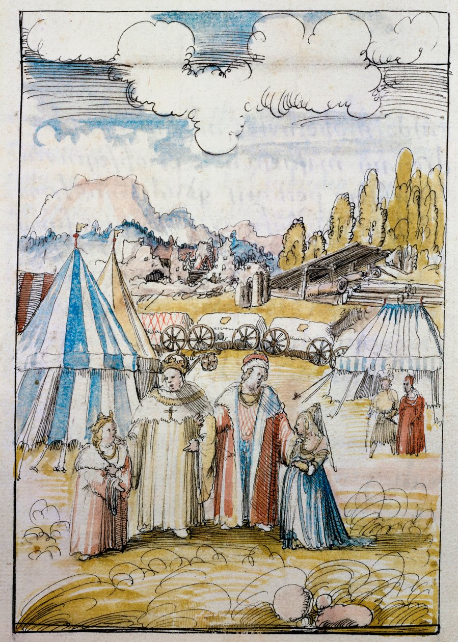 Der zukünftige Kaiser Maximilian I., geführt von seinem Vater Friedrich III., trifft seine Braut Maria von Burgund in Neuss von Albrecht Altdorfer