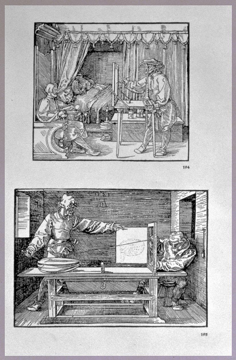 Apparat zur Übersetzung dreidimensionaler Objekte in zweidimensionale Zeichnungen, zwei Szenen aus dem ersten technischen Buch des Künstlers Einführung in die Kunst der Messung mit Kompass und Lineal von Albrecht Dürer