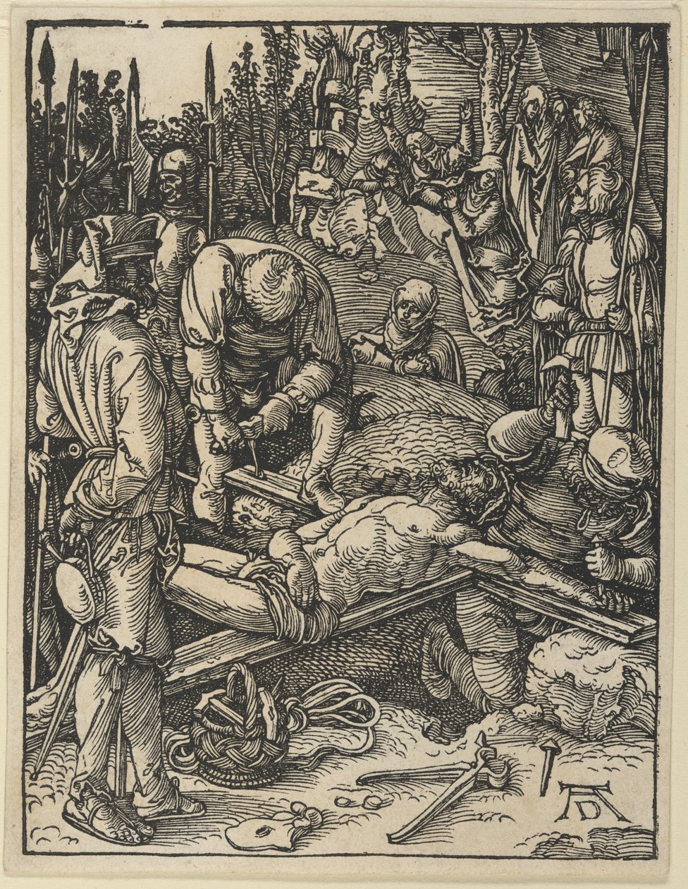 Christus wird ans Kreuz genagelt, aus der Kleinen Passion von Albrecht Dürer