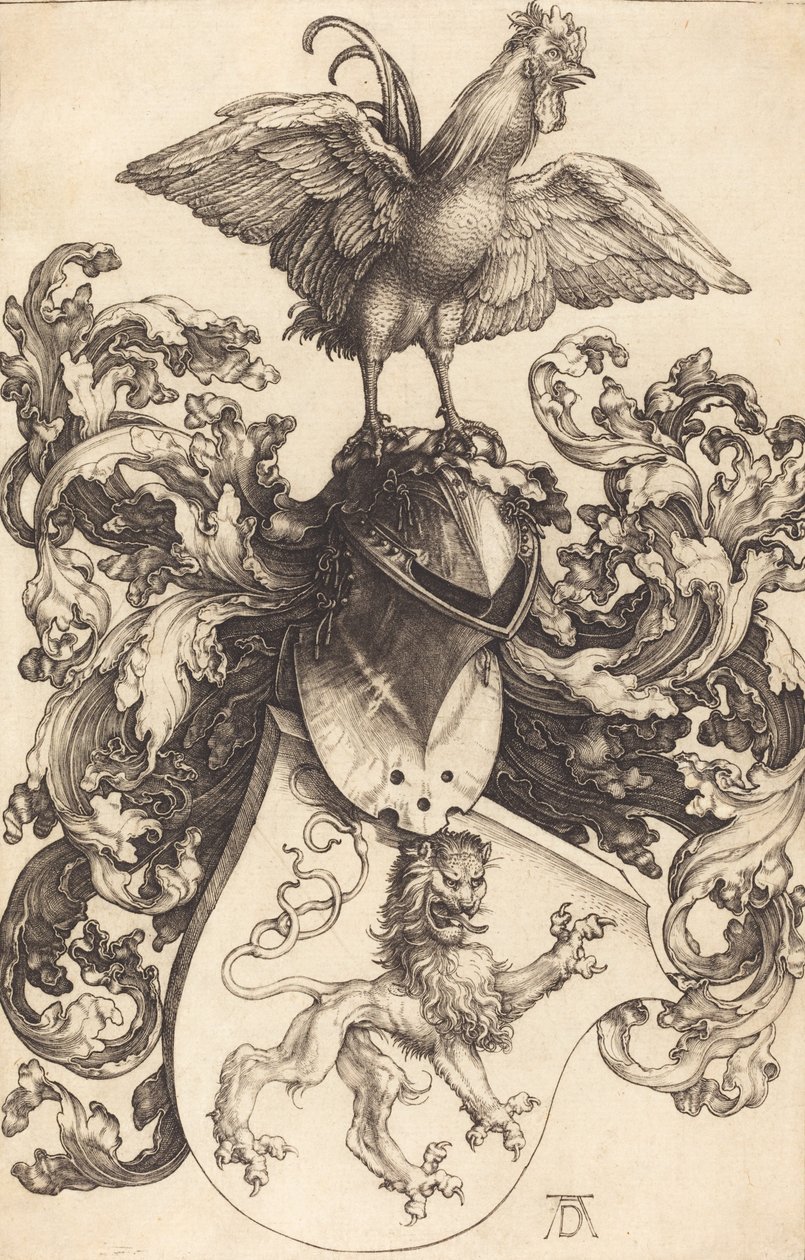 Wappen mit einem Löwen und einem Hahn, 1502-1503 von Albrecht Dürer