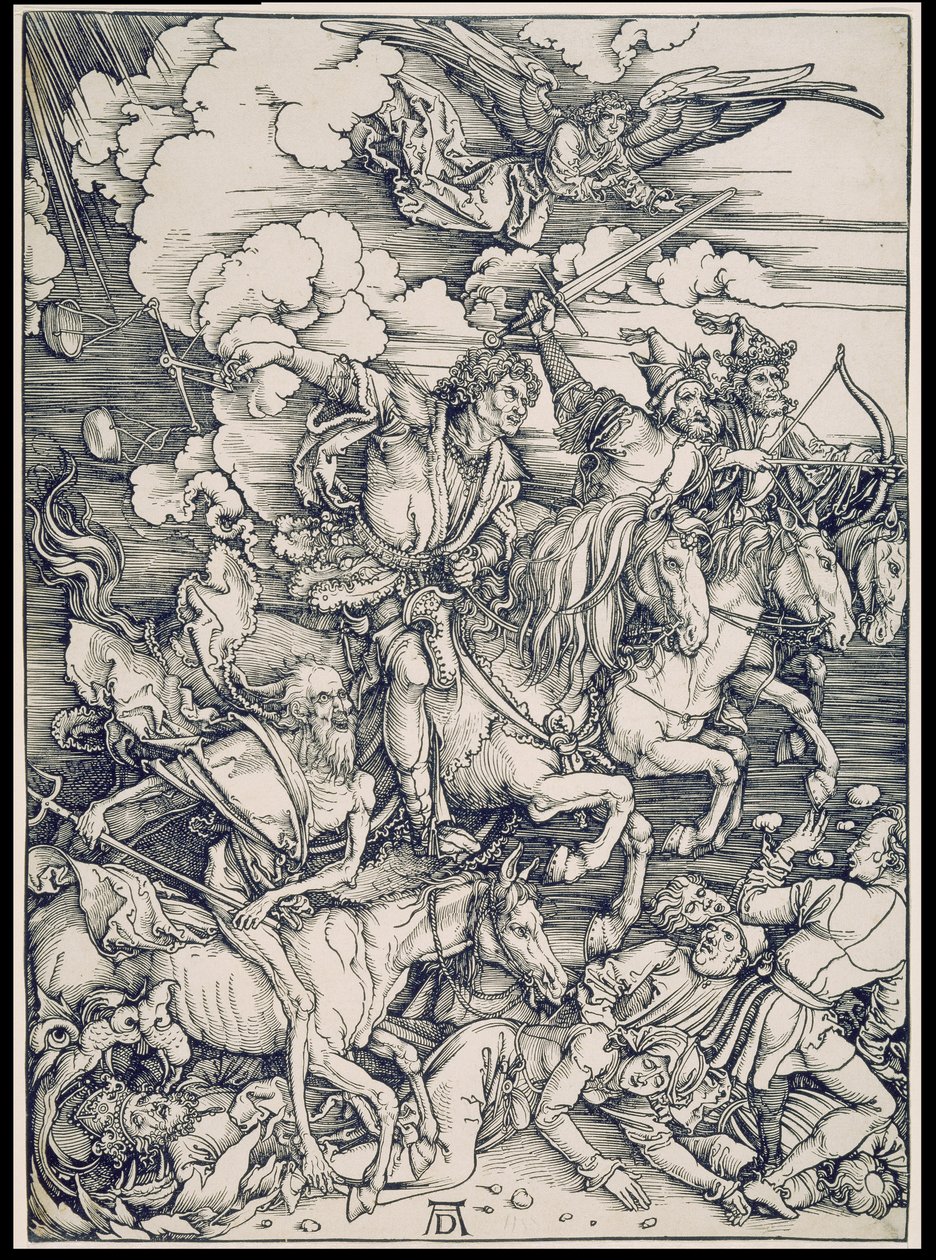Die apokalyptischen Reiter, aus der Folge der Apokalypse, Einzeldruck vor dem Text von Albrecht Dürer