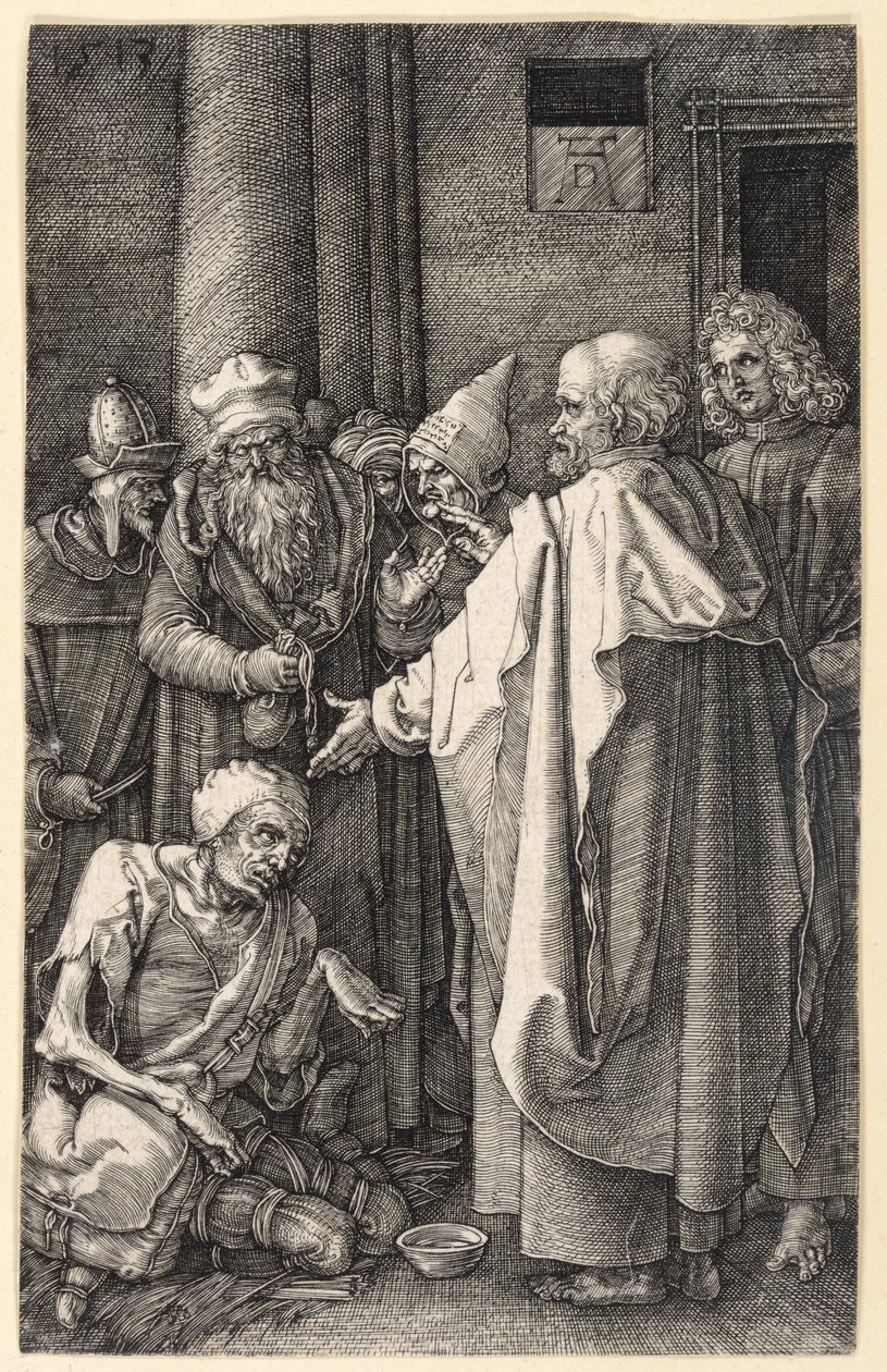 Petrus und Johannes einen lahmen Bettler im Tempel heilend (Kupferstich-Passion) von Albrecht Dürer