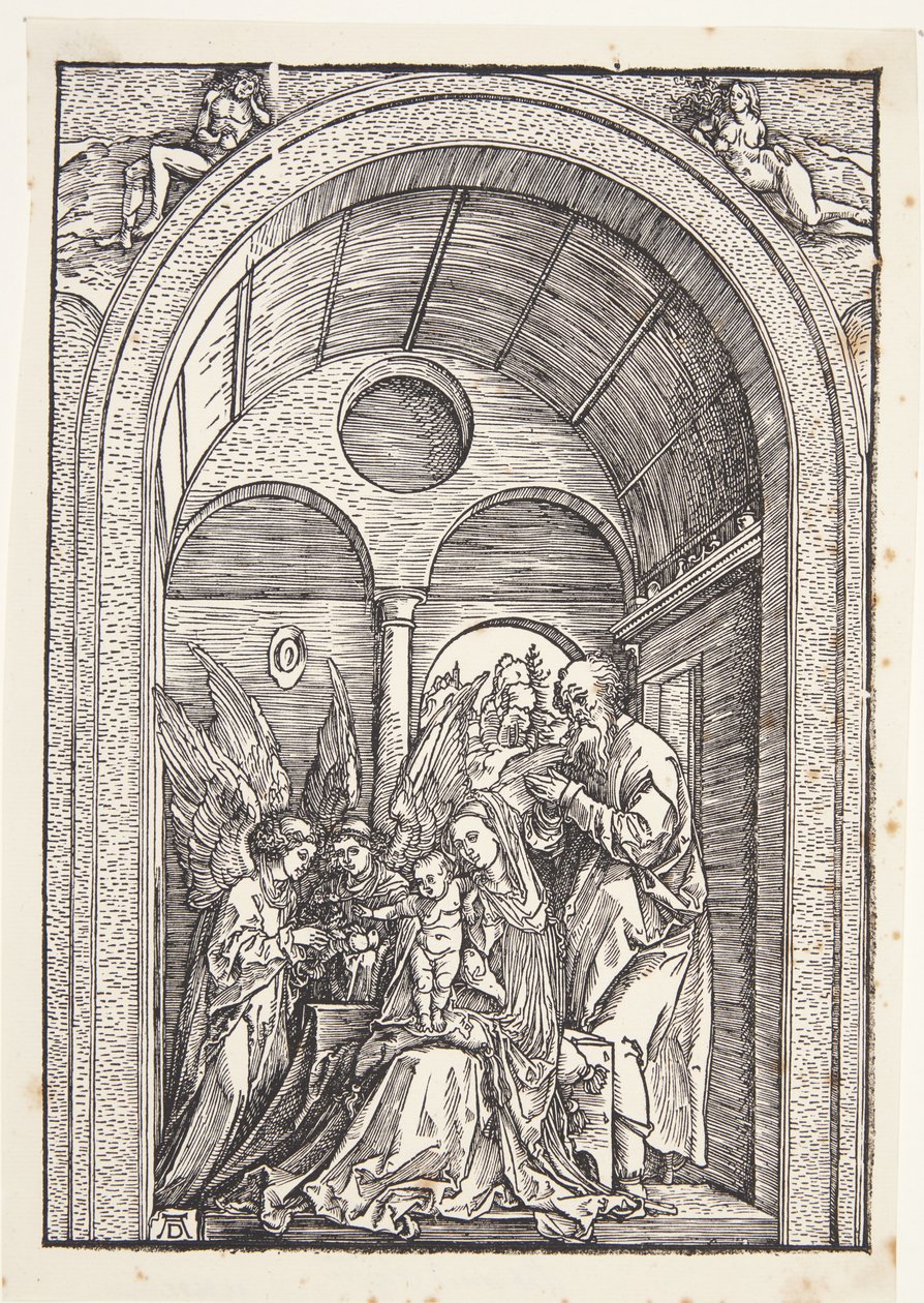Die Heilige Familie mit zwei Engeln in einer gewölbten Halle von Albrecht Dürer