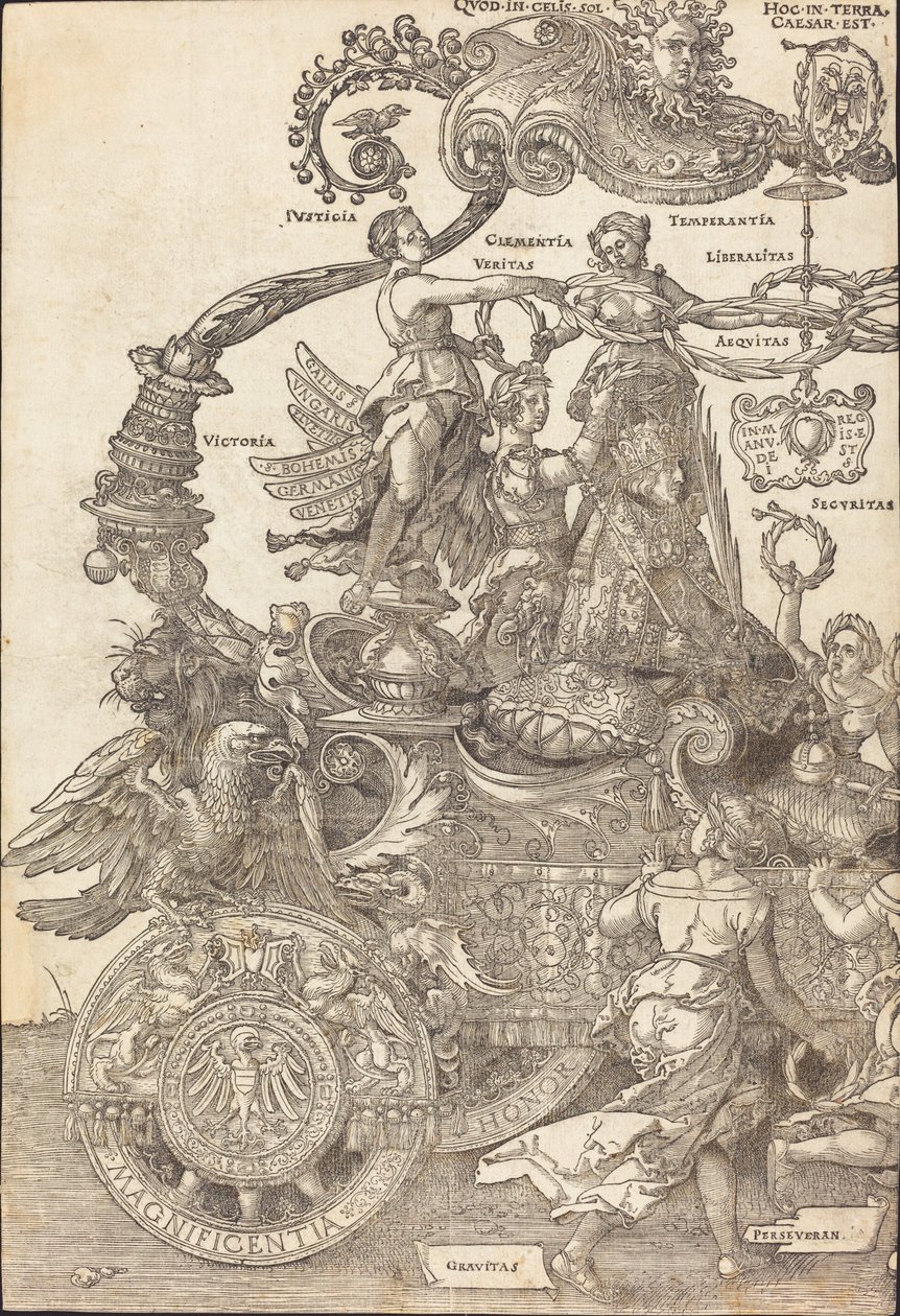Der Triumphwagen von Maximilian I. Der große Triumphwagen [Tafel 1 von 8], 1523 Lateinische Ausgabe von Albrecht Dürer